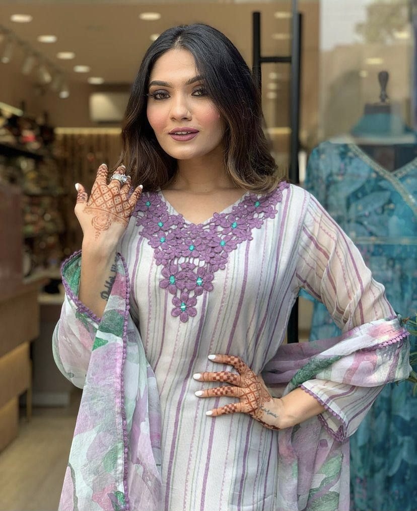 White Stripe Floral Embroidered A-Line Kurta Set - Elegant and Comfortable