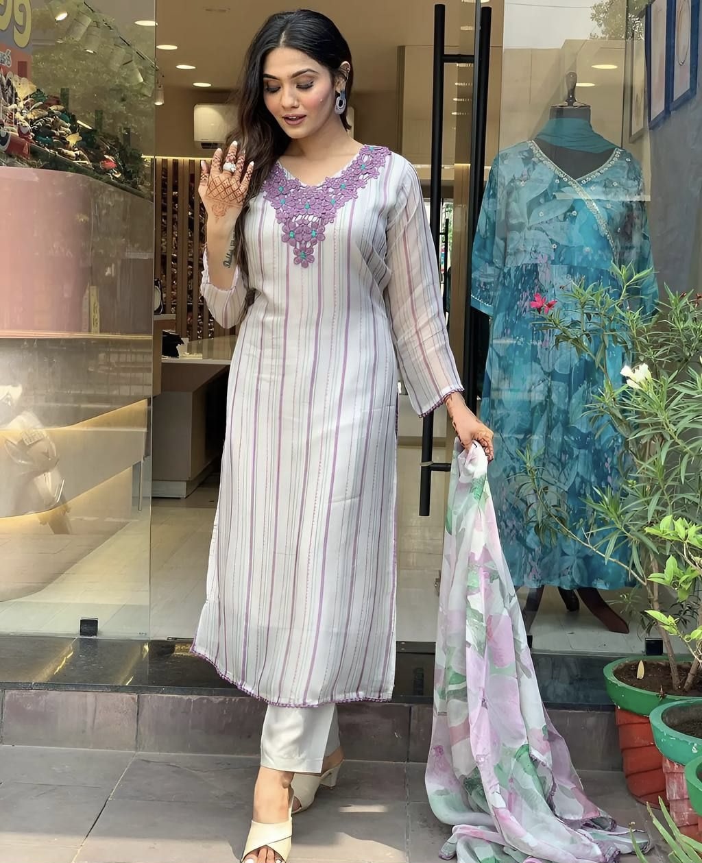 White Stripe Floral Embroidered A-Line Kurta Set - Elegant and Comfortable