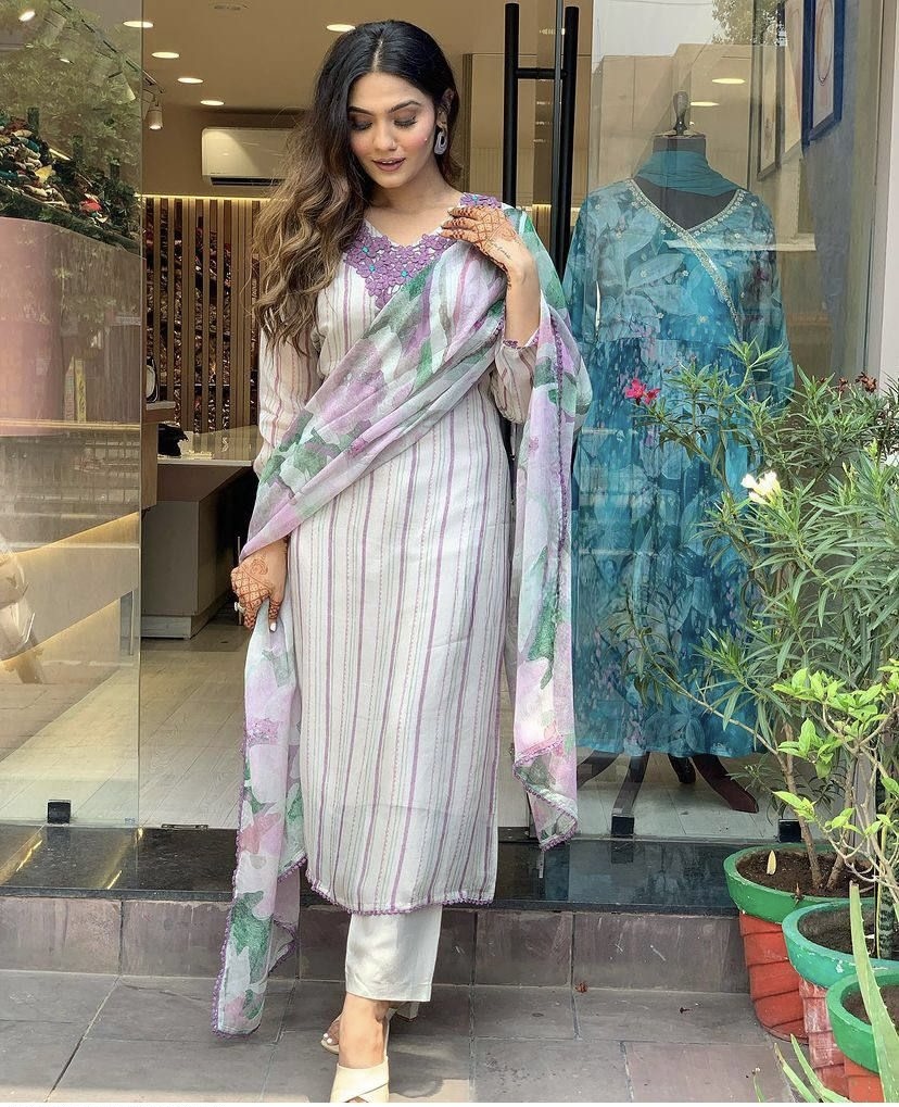 White Stripe Floral Embroidered A-Line Kurta Set - Elegant and Comfortable