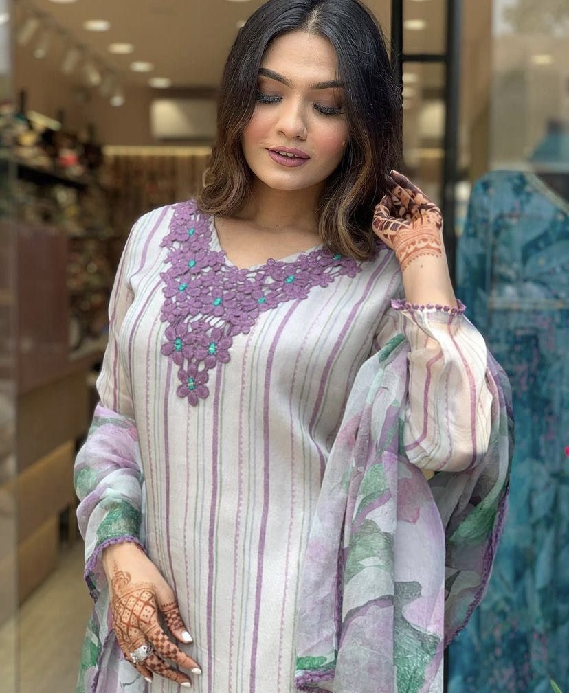 White Stripe Floral Embroidered A-Line Kurta Set - Elegant and Comfortable