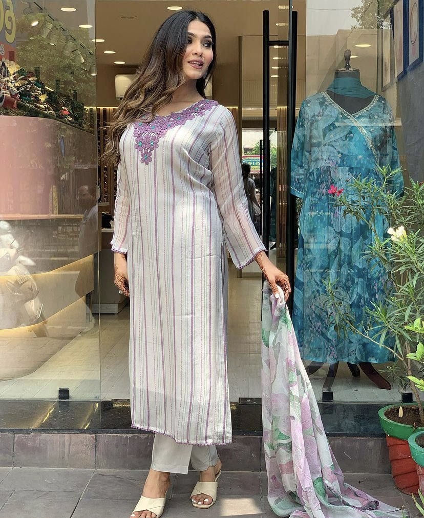 White Stripe Floral Embroidered A-Line Kurta Set - Elegant and Comfortable