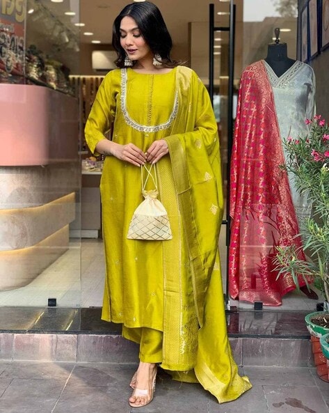 Lime Straight Kurta Set with Embellished C-Neck Design