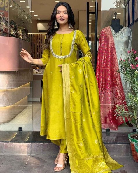 Lime Straight Kurta Set with Embellished C-Neck Design