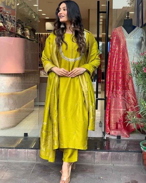 Lime Straight Kurta Set with Embellished C-Neck Design