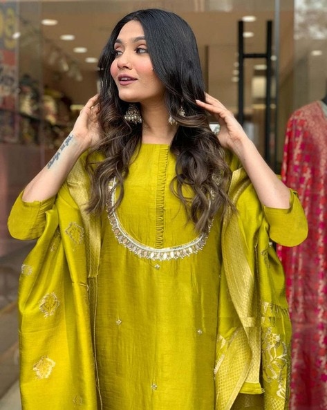 Lime Straight Kurta Set with Embellished C-Neck Design