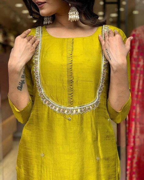Lime Straight Kurta Set with Embellished C-Neck Design
