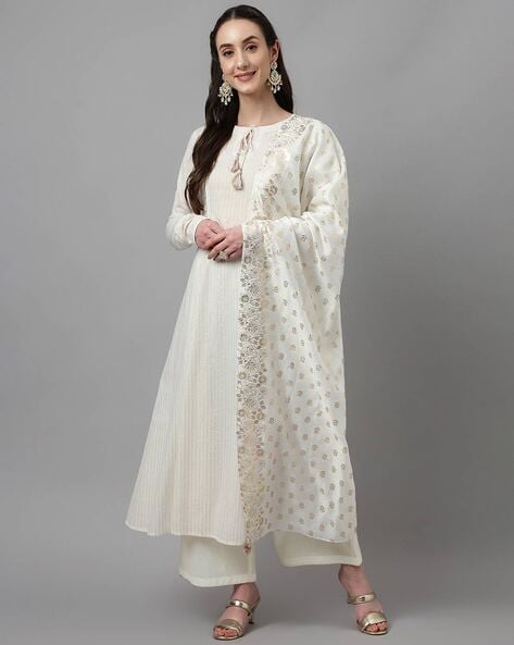 Women’s Off-White Cotton Kurta with Palazzo and Dupatta Set