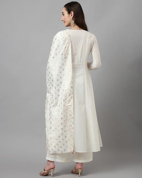 Women’s Off-White Cotton Kurta with Palazzo and Dupatta Set