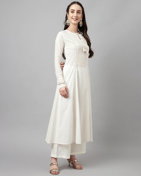 Women’s Off-White Cotton Kurta with Palazzo and Dupatta Set