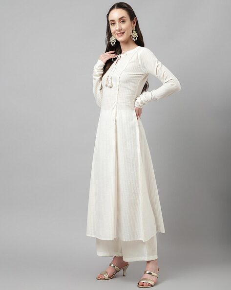 Women’s Off-White Cotton Kurta with Palazzo and Dupatta Set
