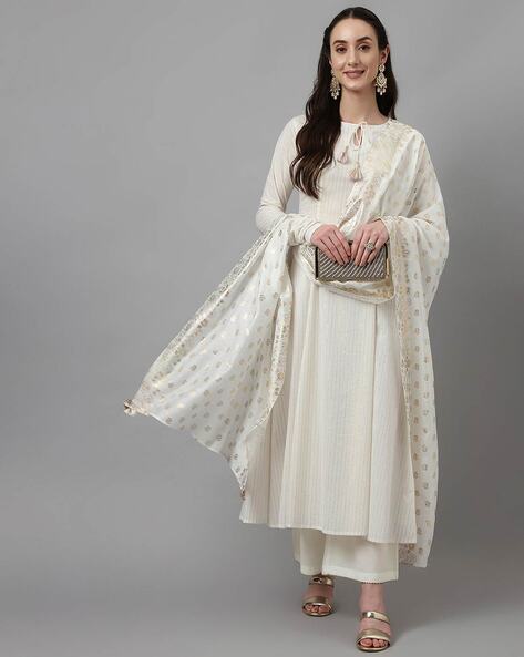 Women’s Off-White Cotton Kurta with Palazzo and Dupatta Set