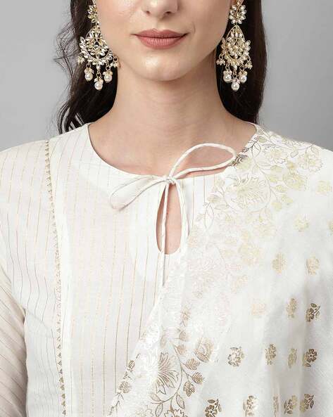 Women’s Off-White Cotton Kurta with Palazzo and Dupatta Set