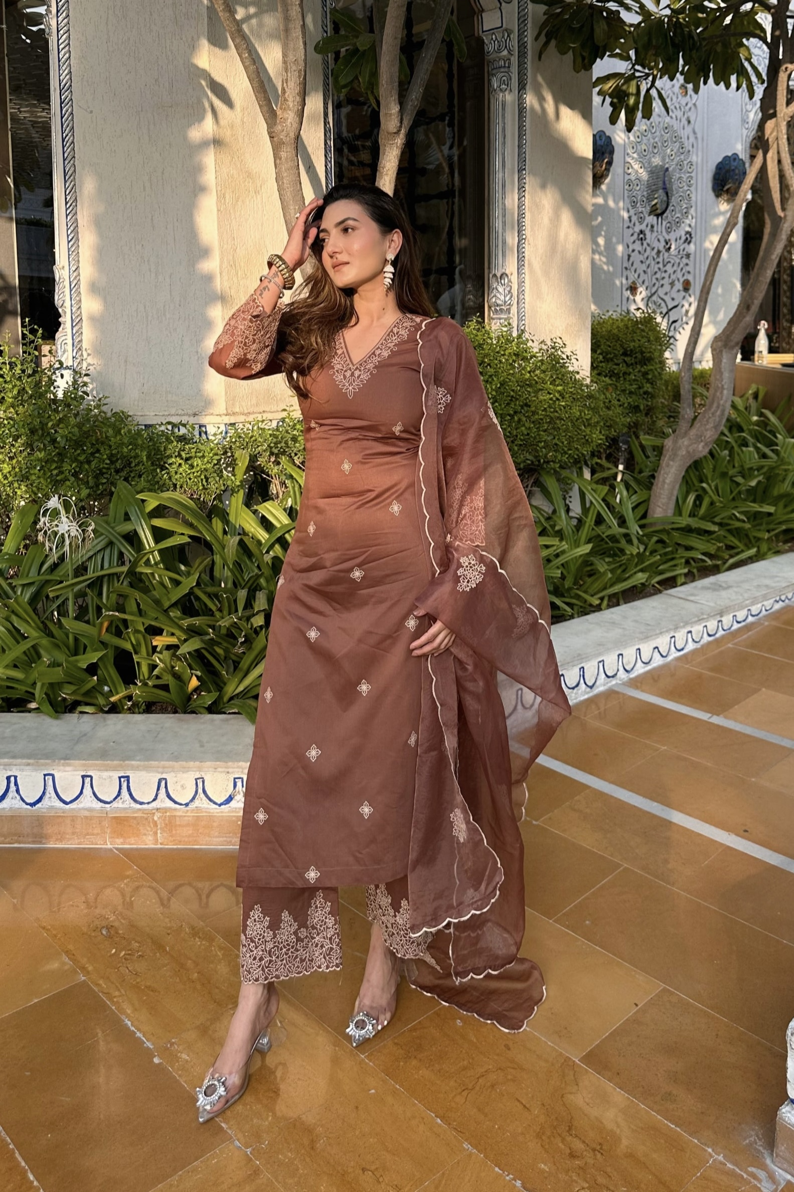Elegant Chocolate Brown Silk Kurta Set – Embroidered A-Line Party Wear