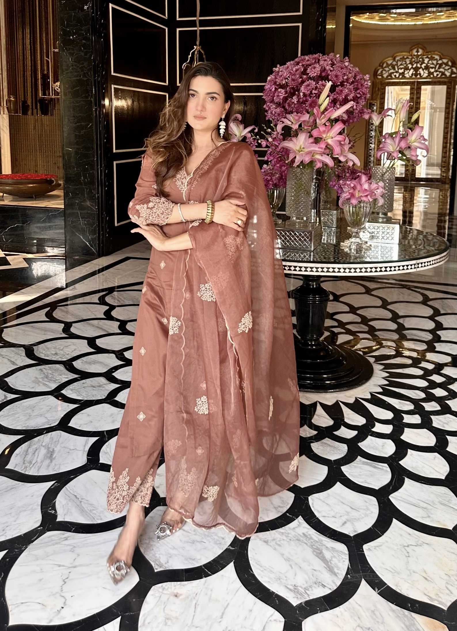 Elegant Chocolate Brown Silk Kurta Set – Embroidered A-Line Party Wear