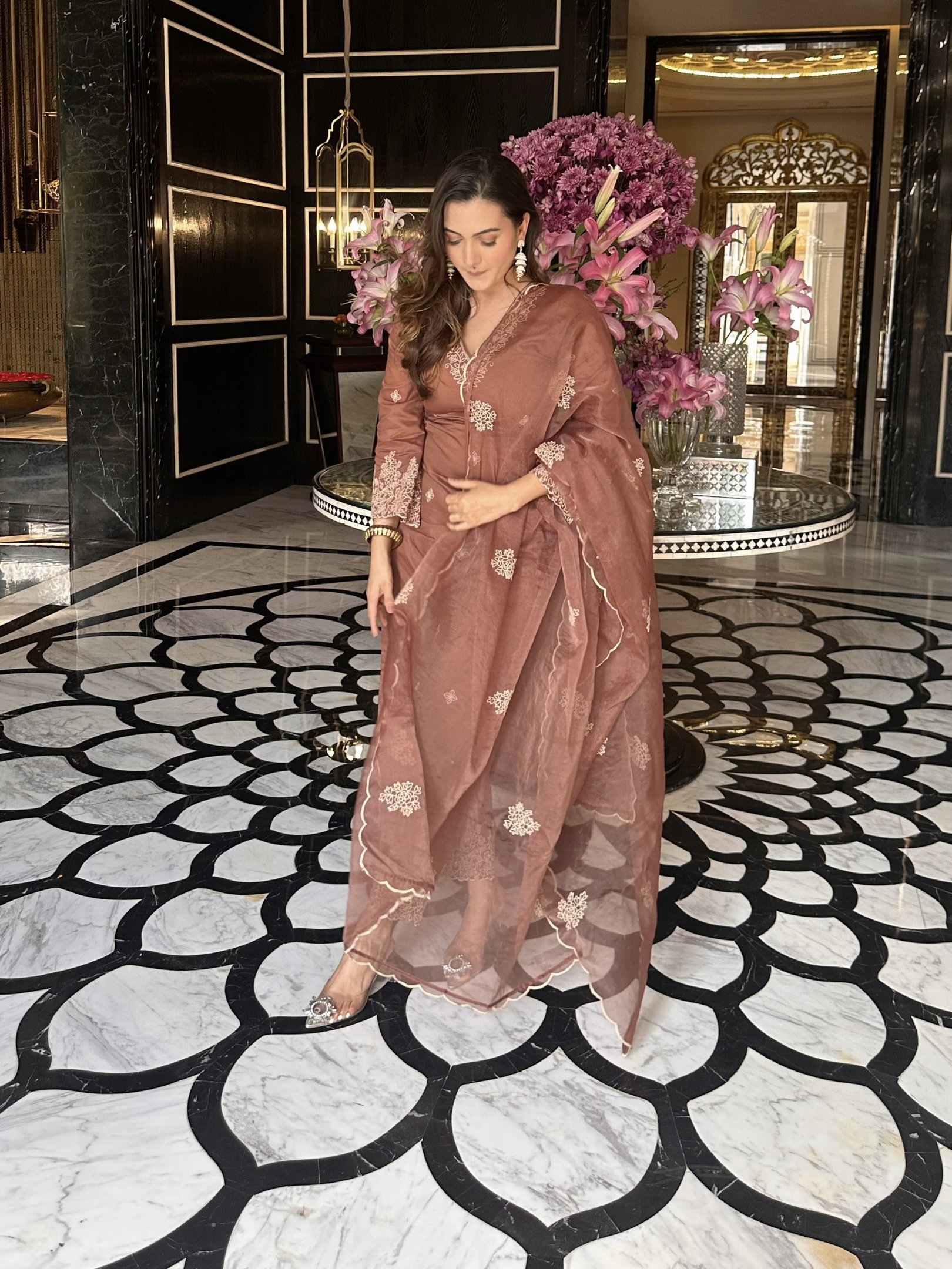Elegant Chocolate Brown Silk Kurta Set – Embroidered A-Line Party Wear