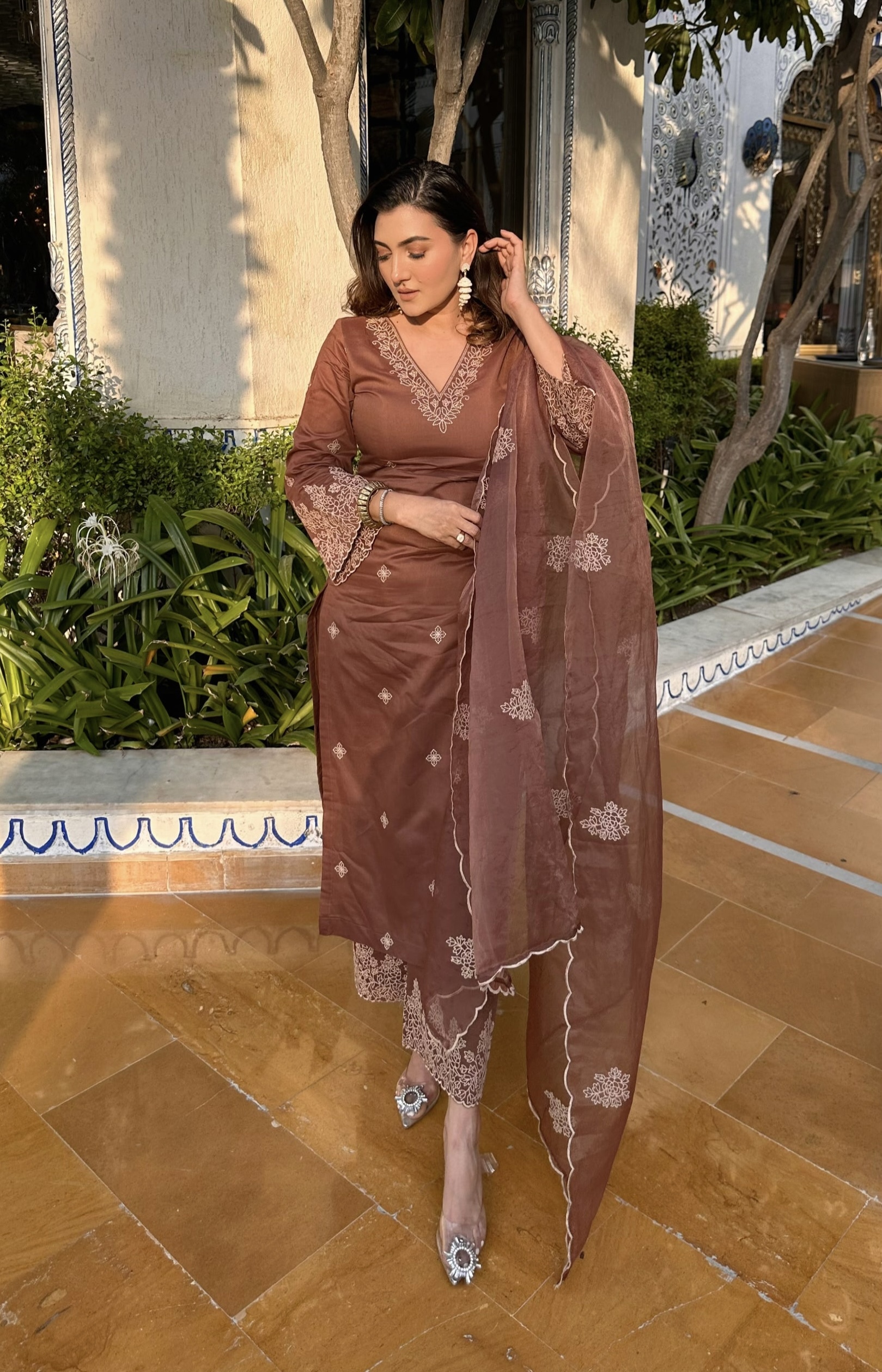 Elegant Chocolate Brown Silk Kurta Set – Embroidered A-Line Party Wear