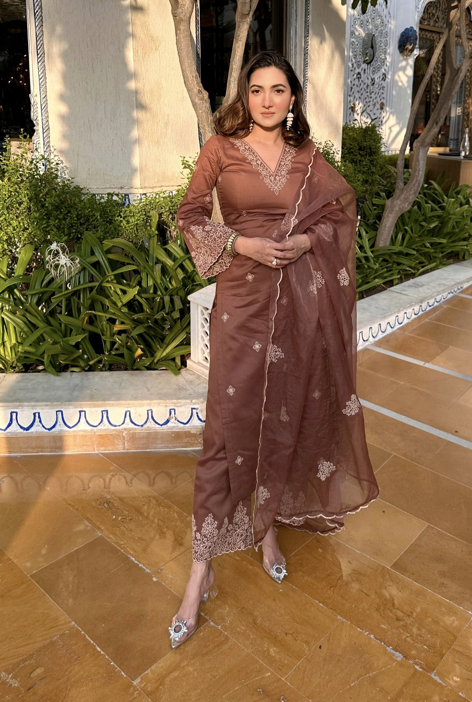 Elegant Chocolate Brown Silk Kurta Set – Embroidered A-Line Party Wear
