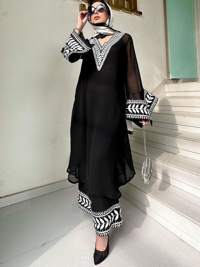 Black A-Line Neck Embroidered Chikankari Suit with Plazzo and Dupatta – Party Wear for Women
