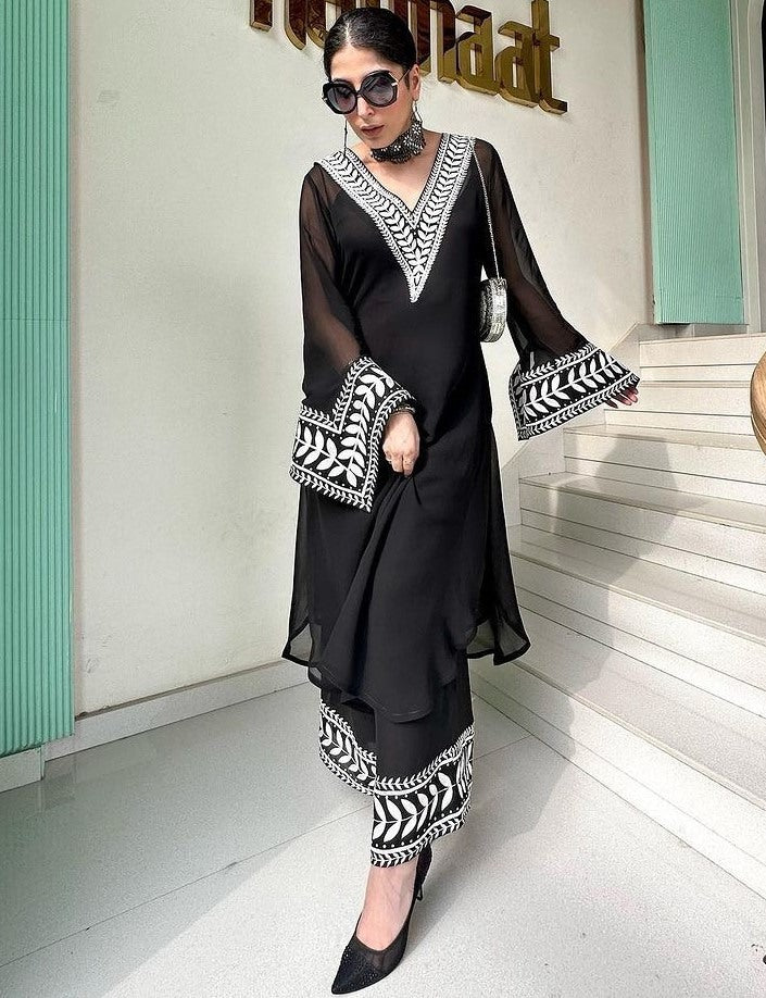 Black A-Line Neck Embroidered Chikankari Suit with Plazzo and Dupatta – Party Wear for Women