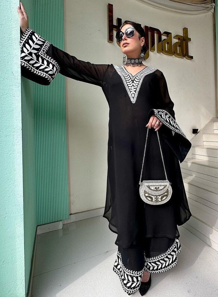 Black A-Line Neck Embroidered Chikankari Suit with Plazzo and Dupatta – Party Wear for Women