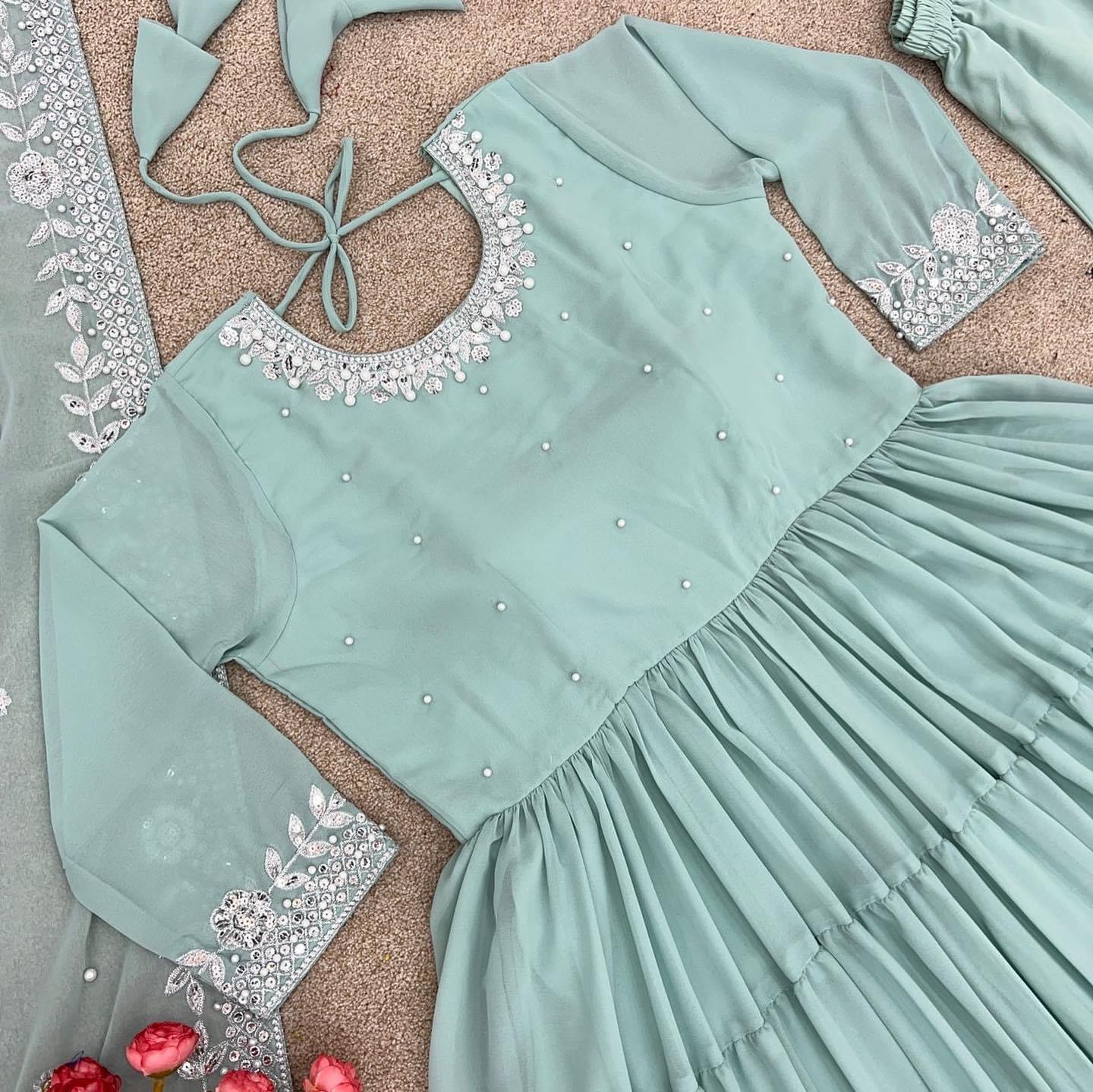 Elegant Full-Sleeve Ruffle Pista Green Gown - Perfect for Special Occasions