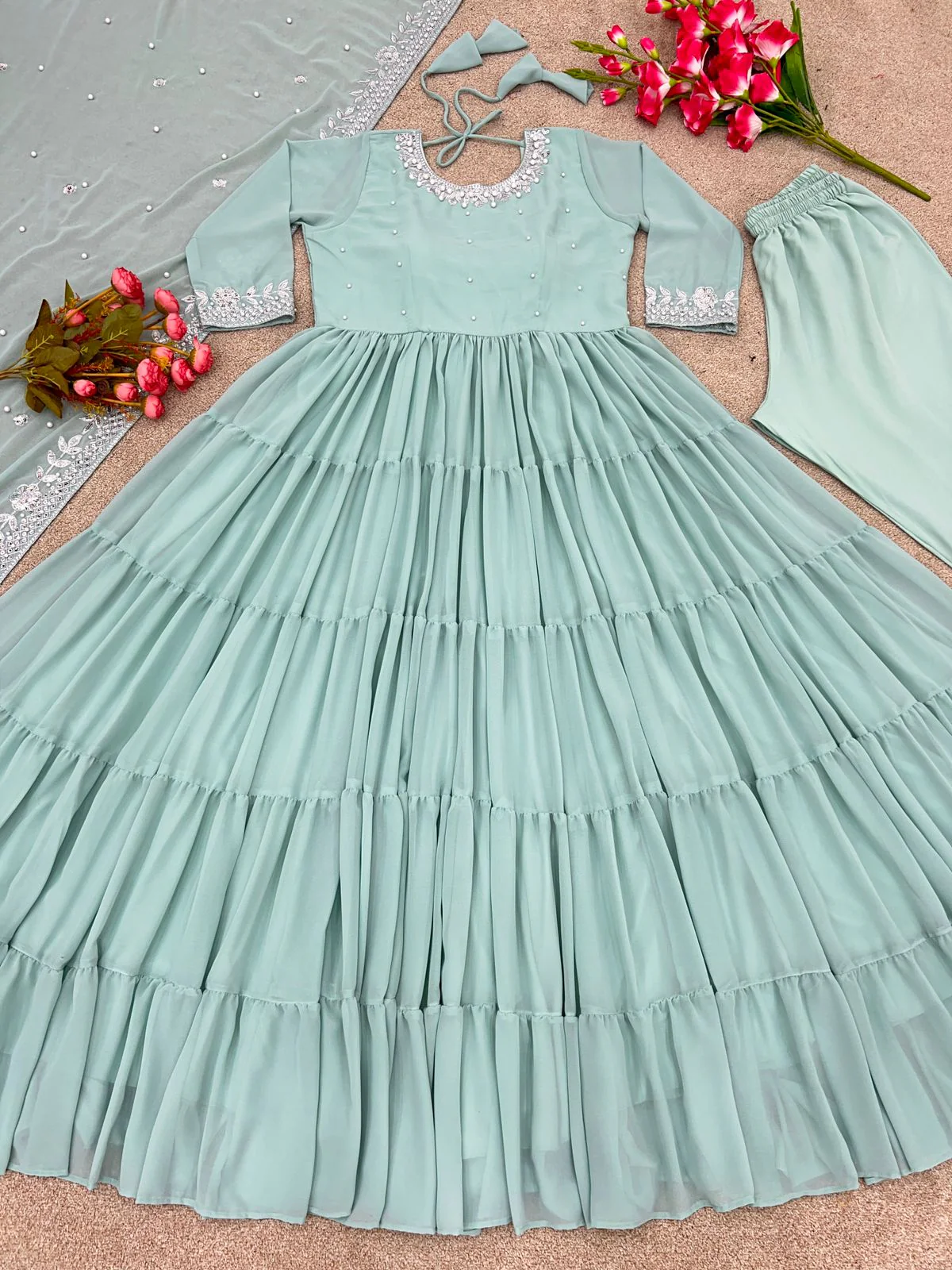 Elegant Full-Sleeve Ruffle Pista Green Gown - Perfect for Special Occasions