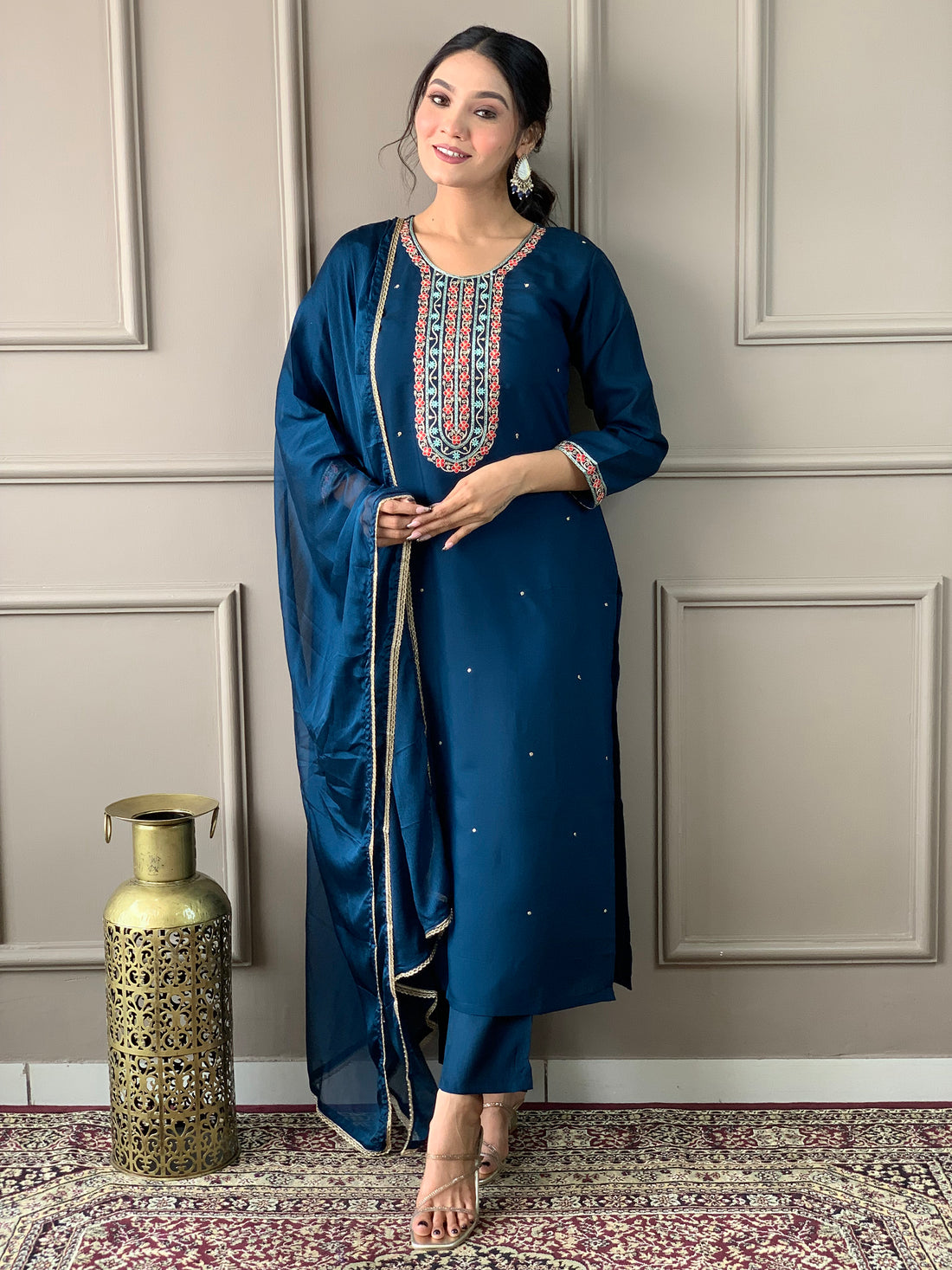 Blue Chanderi Silk Embroidered Suit with Dupatta – Perfect for Diwali Celebrations