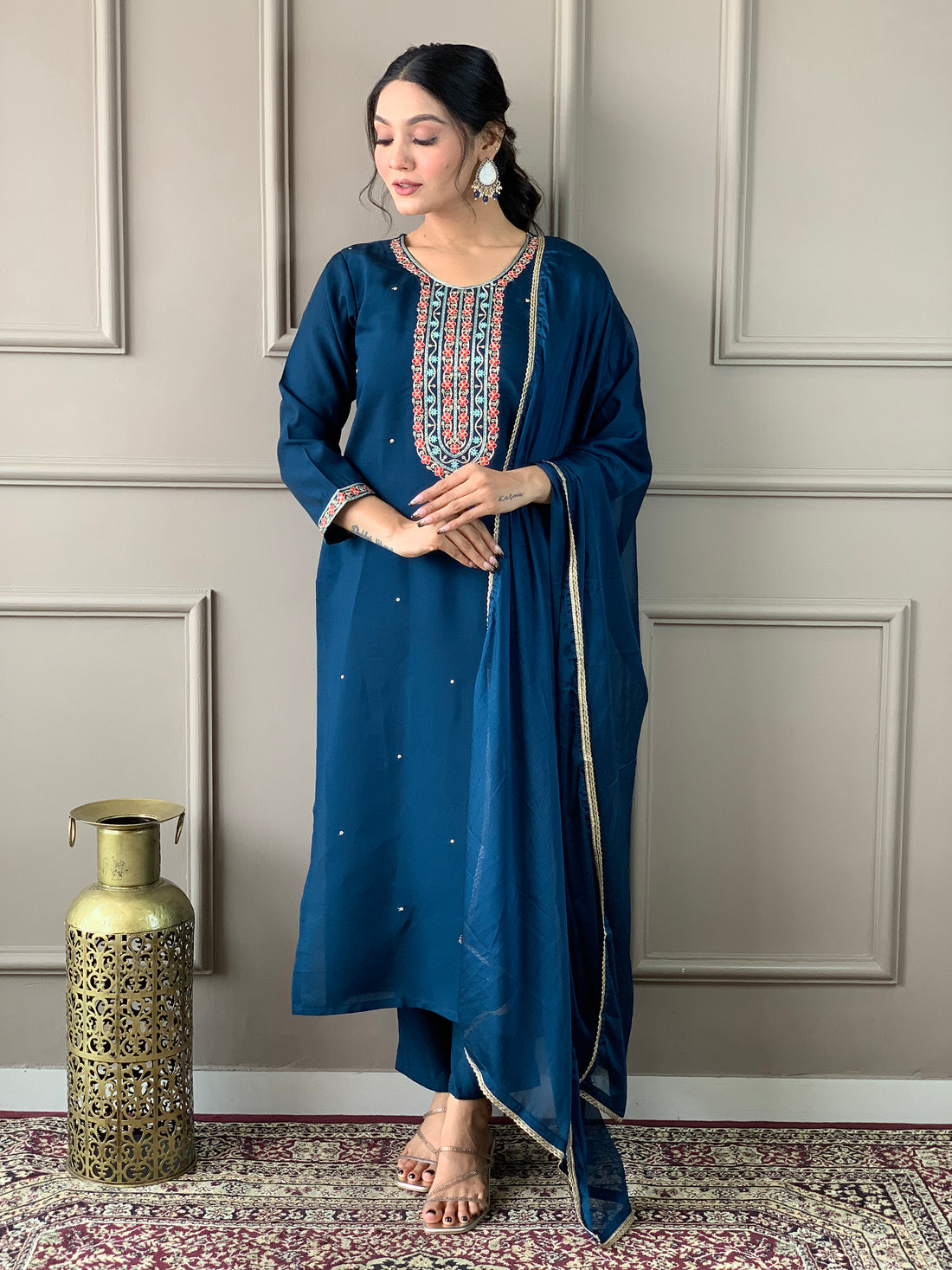 Blue Chanderi Silk Embroidered Suit with Dupatta – Perfect for Diwali Celebrations
