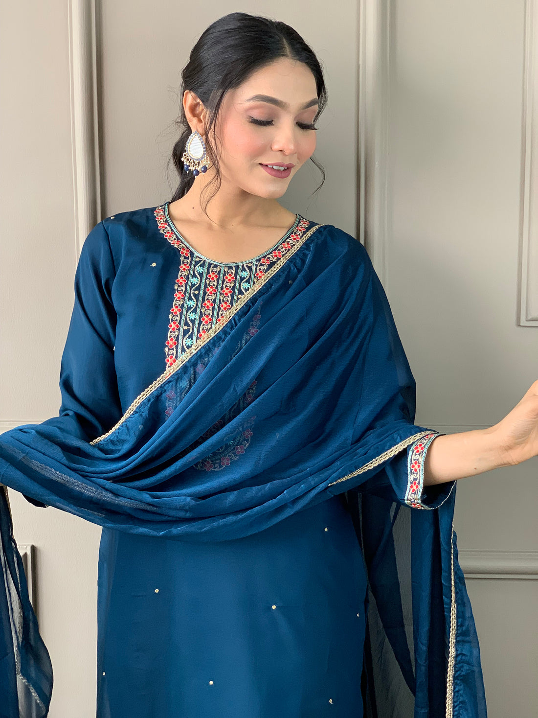 Blue Chanderi Silk Embroidered Suit with Dupatta – Perfect for Diwali Celebrations