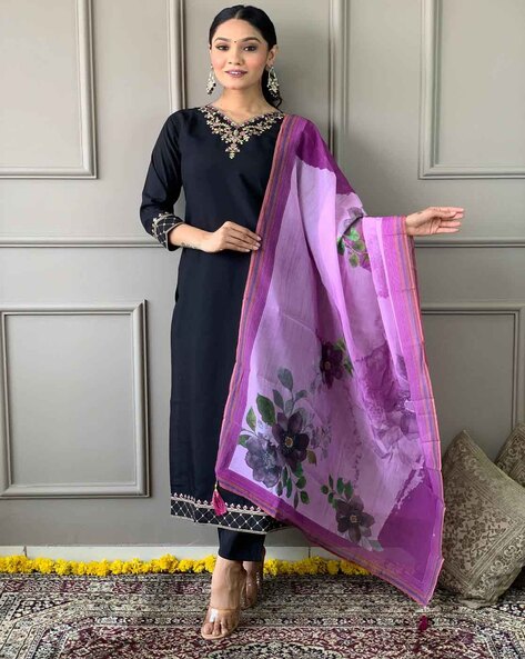 Diwali Special: Allin I Villin Black Premium Suit Set with Kurta, Pants, and Dupatta