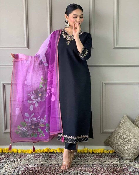 Diwali Special: Allin I Villin Black Premium Suit Set with Kurta, Pants, and Dupatta