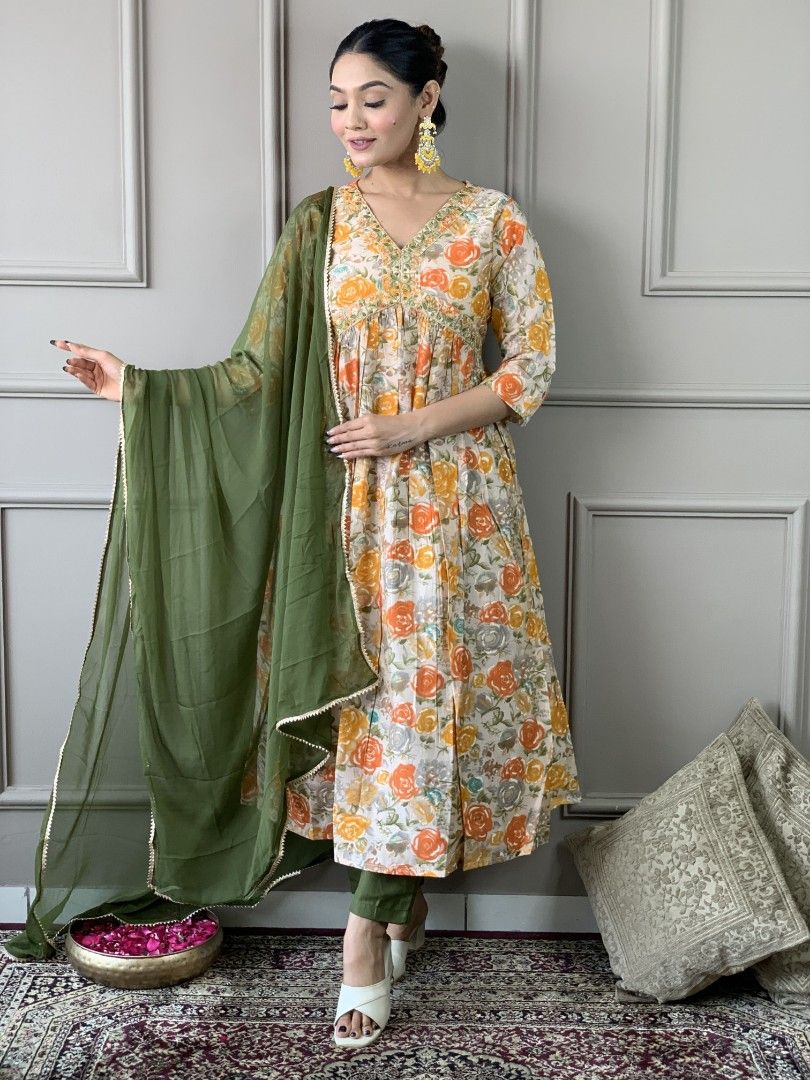 Orange Anarkali Floral Print Party Wear for Diwali – Full Set with Kurta, Dupatta, and Bottomwear