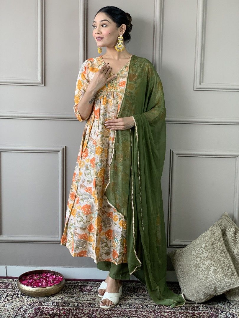 Orange Anarkali Floral Print Party Wear for Diwali – Full Set with Kurta, Dupatta, and Bottomwear