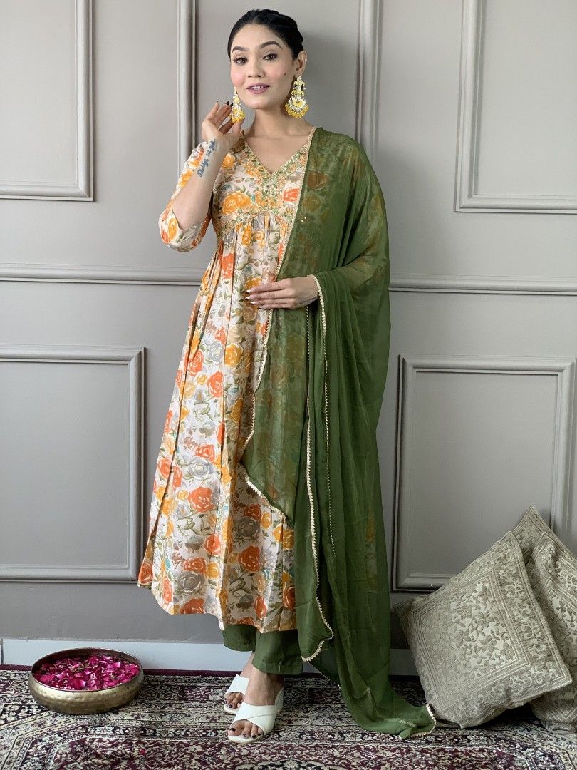 Orange Anarkali Floral Print Party Wear for Diwali – Full Set with Kurta, Dupatta, and Bottomwear