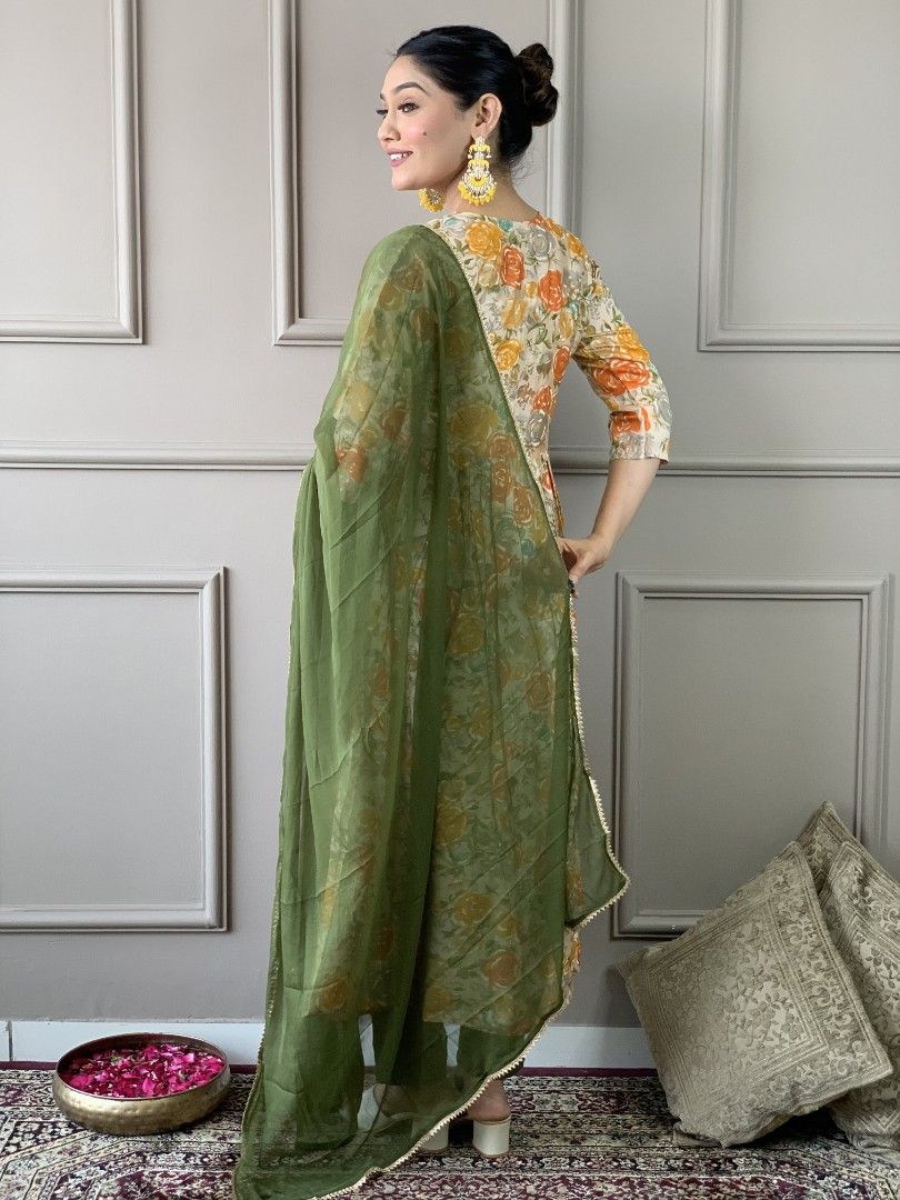 Orange Anarkali Floral Print Party Wear for Diwali – Full Set with Kurta, Dupatta, and Bottomwear