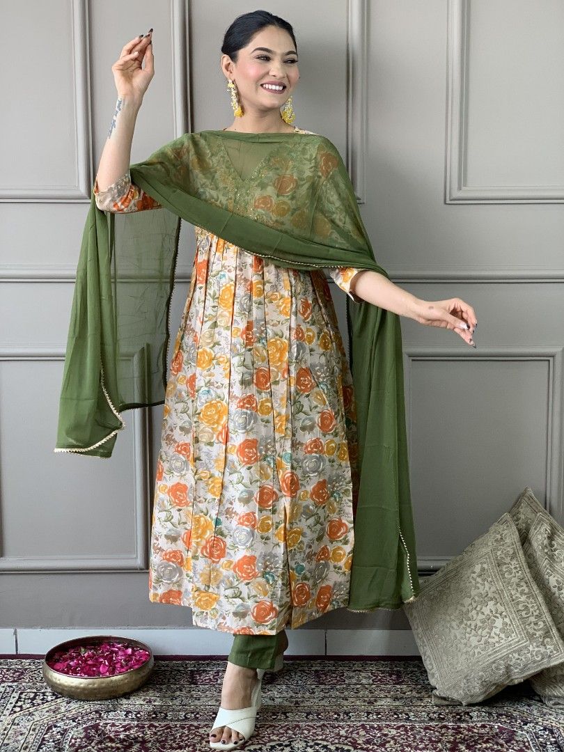 Orange Anarkali Floral Print Party Wear for Diwali – Full Set with Kurta, Dupatta, and Bottomwear