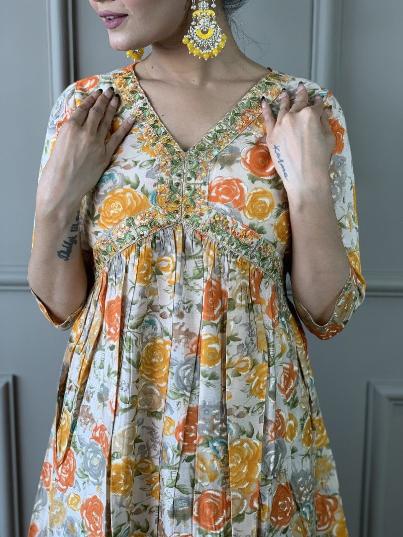 Orange Anarkali Floral Print Party Wear for Diwali – Full Set with Kurta, Dupatta, and Bottomwear