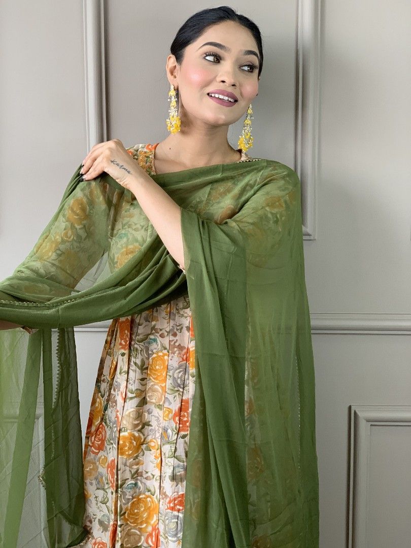 Orange Anarkali Floral Print Party Wear for Diwali – Full Set with Kurta, Dupatta, and Bottomwear