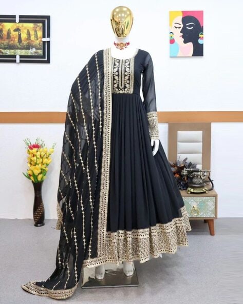 Allin I Villin Black Georgette Anarkali with Golden Embroidery – Full-Length Elegance