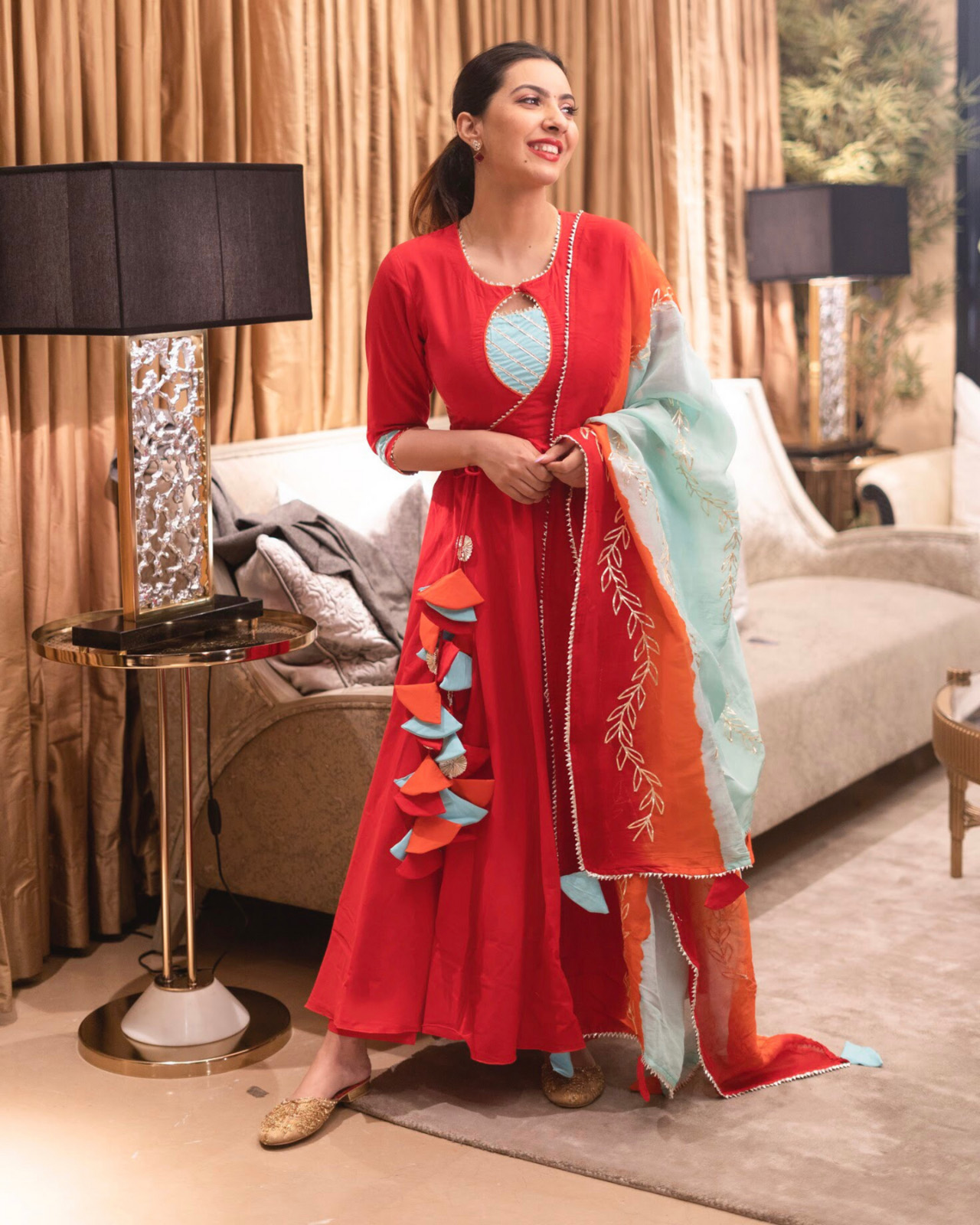 Elegant Allin I Villin Red Anarkali Kurta Set with Flared Long Dupatta