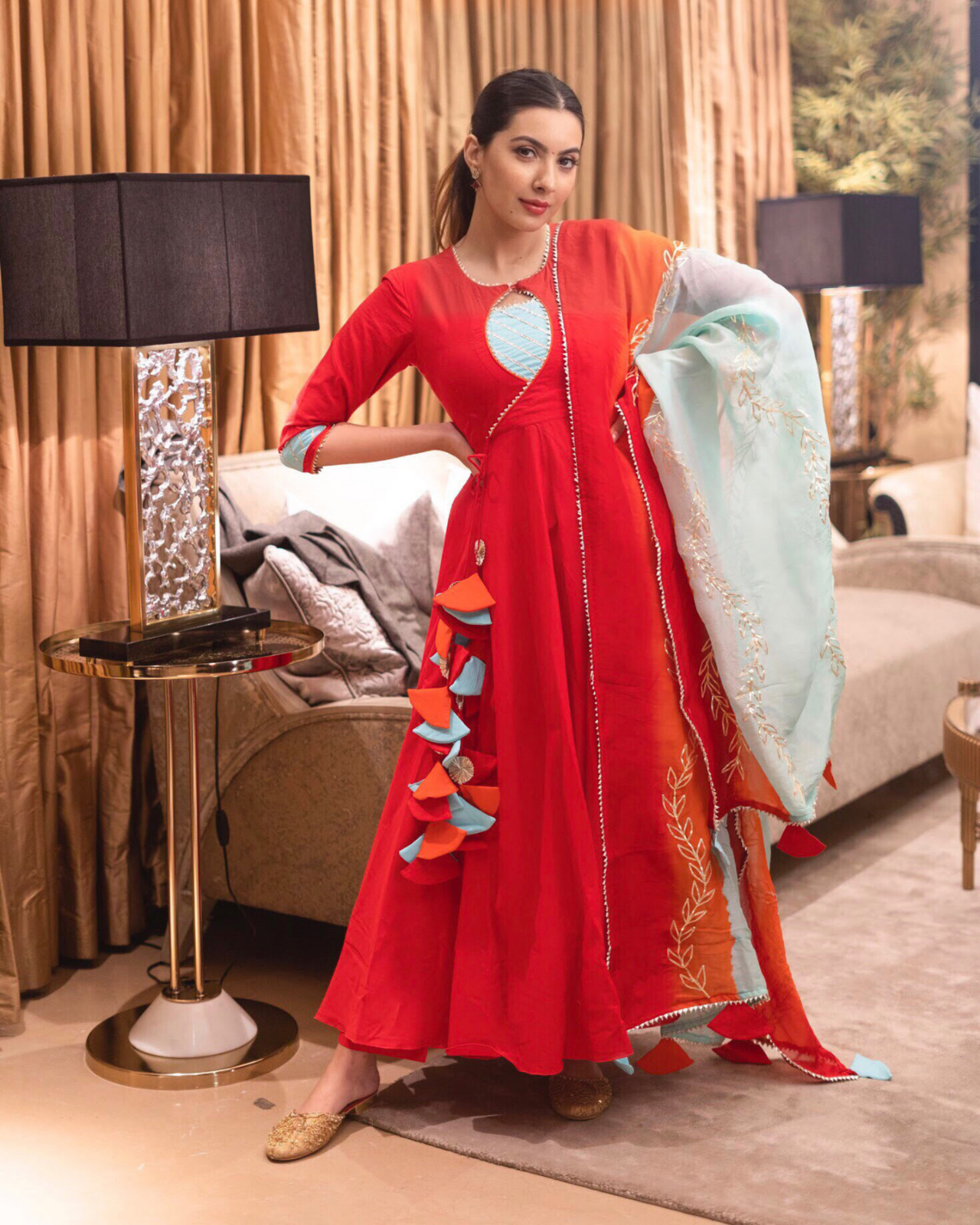 Elegant Allin I Villin Red Anarkali Kurta Set with Flared Long Dupatta