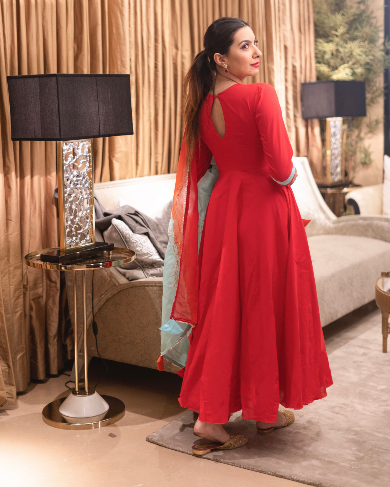 Elegant Allin I Villin Red Anarkali Kurta Set with Flared Long Dupatta