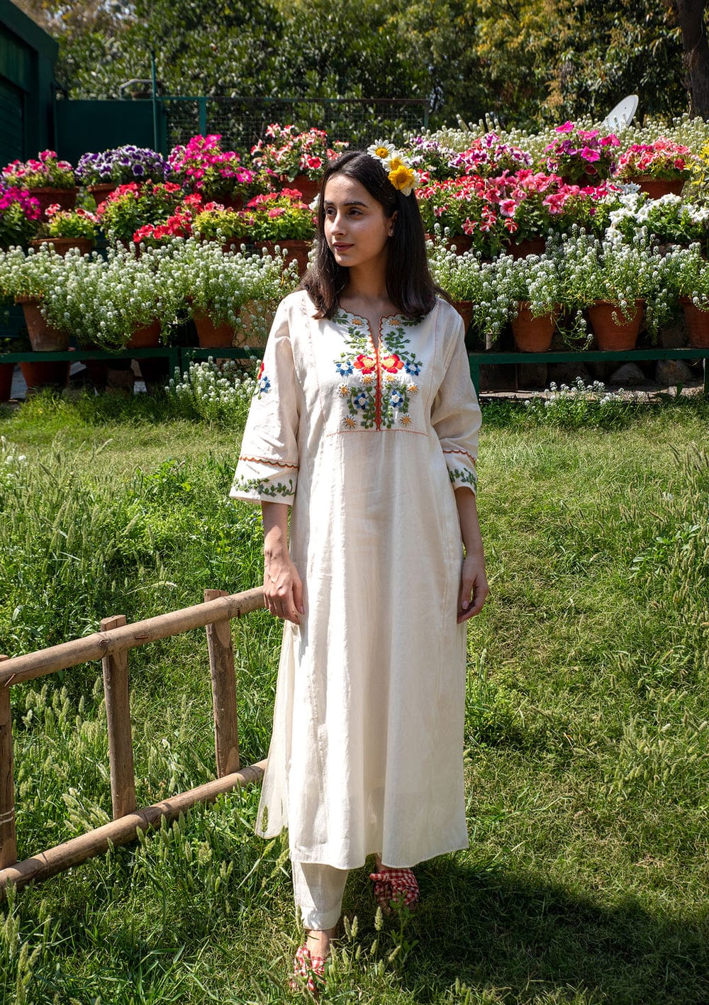 Allin I Villin Cream Office Wear Kurta Set with Embroidered Neck – Ready to Wear