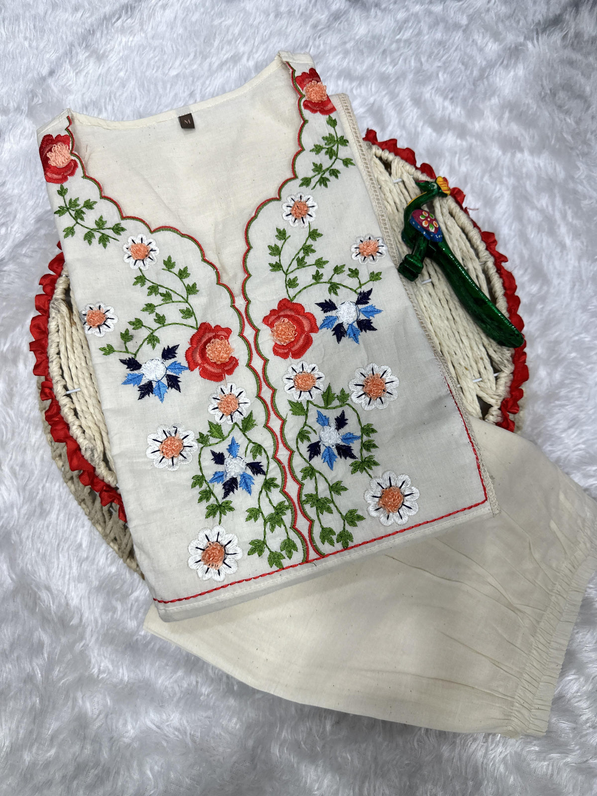 Allin I Villin Cream Office Wear Kurta Set with Embroidered Neck – Ready to Wear