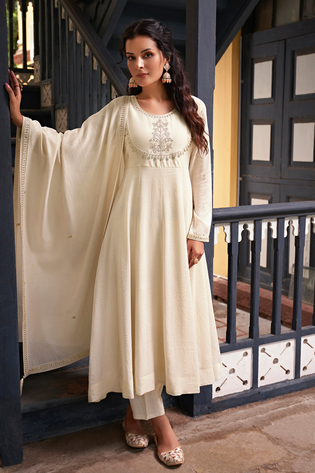 Allin I Villin Cream Embroidered Silk Anarkali Set for Diwali – Kurta with Dupatta and Bottom