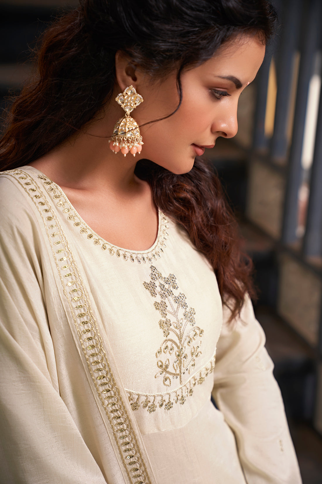 Allin I Villin Cream Embroidered Silk Anarkali Set for Diwali – Kurta with Dupatta and Bottom