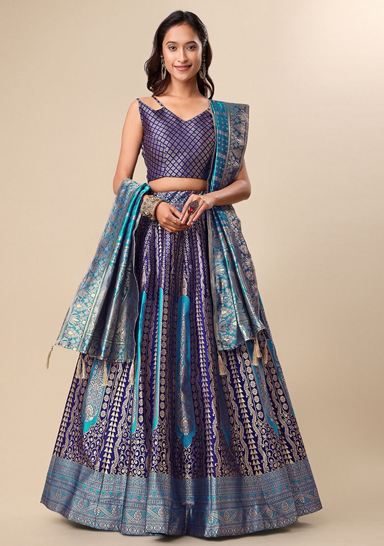 Allin I Villin Dark Blue Semi-Stitched Lehenga for Diwali - Art Silk with Zari Embroidery