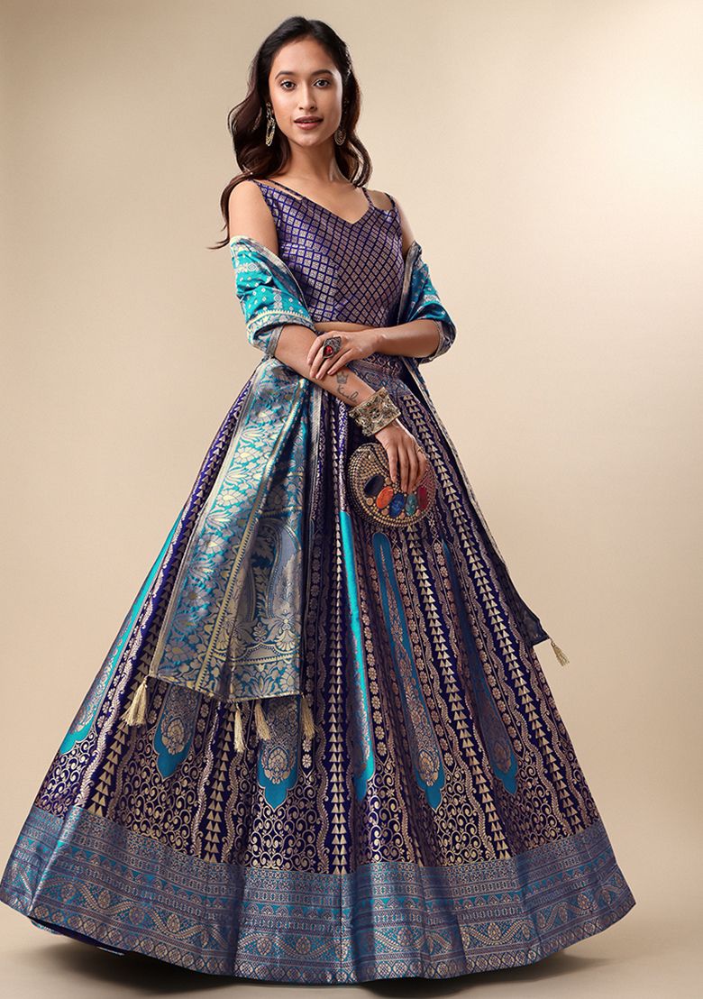 Allin I Villin Dark Blue Semi-Stitched Lehenga for Diwali - Art Silk with Zari Embroidery