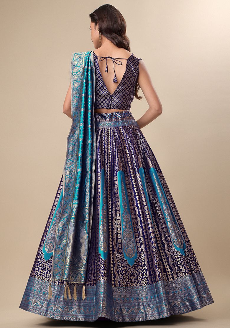 Allin I Villin Dark Blue Semi-Stitched Lehenga for Diwali - Art Silk with Zari Embroidery