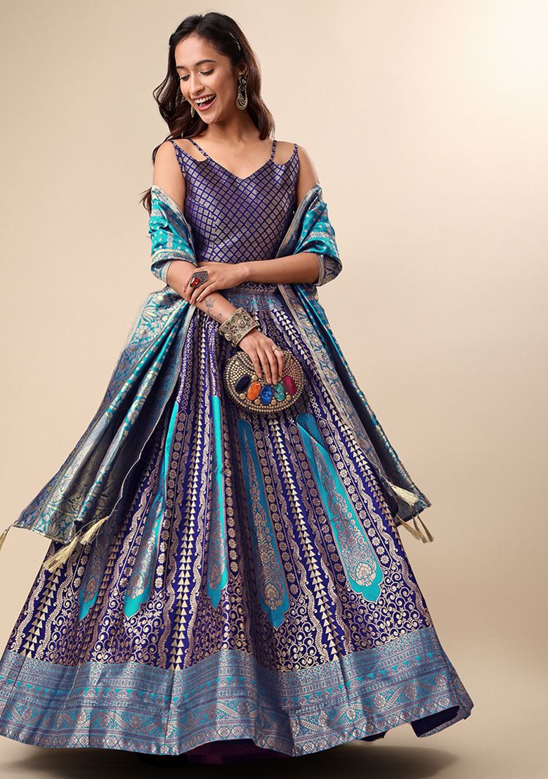 Allin I Villin Dark Blue Semi-Stitched Lehenga for Diwali - Art Silk with Zari Embroidery